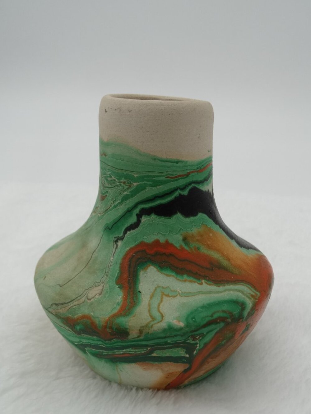 Vintage Nemadji Pottery 3.25" Multi Colored Green Black Orange Vase USA